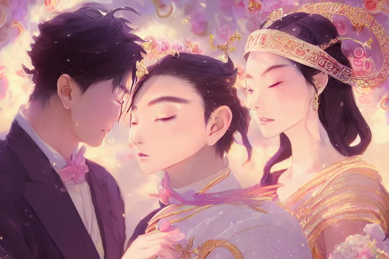 Image similar to a dreamlike portrait of wedding photograph close up moment of a divine a taiwan sun god and moon goddess lovers magician at a wedding banquet. portraiture. digital painting. artstation. concept art. fantasy wedding photo. digital painting, 8 k realistic, hyper detailed, by makoto shinkai and akihiko yoshida and hidari and wlop