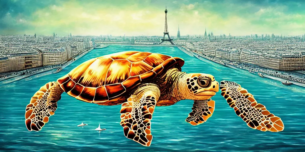 Image similar to master piece stunning digital painting of a parisian small city contained on the top of a giant sea turtle