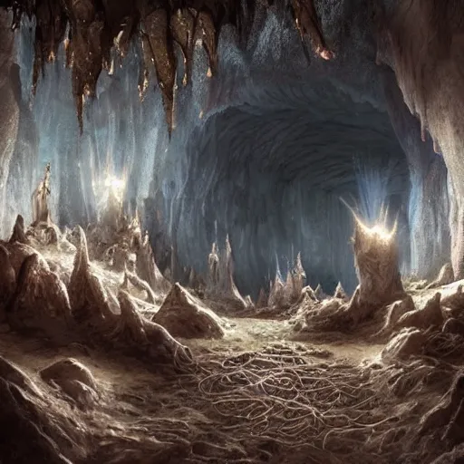 Image similar to beautiful matte painting of a cave with glowing crystals on the walls and bone piles on the floor, fantasy, sharp focus