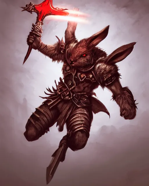 Image similar to Rabbit Berserker, rage, maniac, war paint, red, Khorne, magic the gathering artwork, D&D, fantasy, cinematic lighting, centered, symmetrical, highly detailed, digital painting, artstation, concept art, smooth, sharp focus, illustration, volumetric lighting, epic Composition, 8k, art by Akihiko Yoshida and Greg Rutkowski and Craig Mullins, oil painting, cgsociety