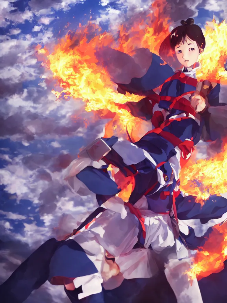 Prompt: Portrait of a Japanese schoolgirl with short hair in school uniform causing flames in a moment of rage with GUNDAM on background, ultra detailed, artstation, 8k, photorealistic, digital anime art.