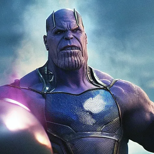 Prompt: a still from an avengers movie of thanos smoking a cigarette