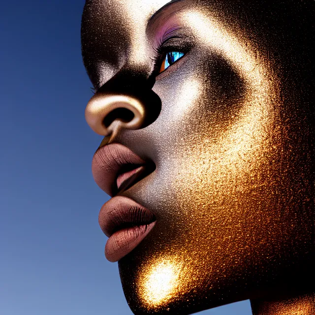 Prompt: portrait of metallic face, african woman, mercury, mirror reflections, smooth, liquid metal, proud, looking away, outdoor, blue sky, 8 k, realistic, depth of field, highly detailed, award winning photography