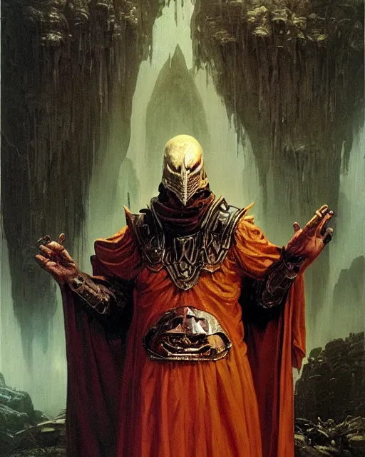 Prompt: A wizard. He has a very menacing expression. he wears robes and armour. Award winning oil painting by Thomas Cole and Wayne Barlowe. Highly detailed