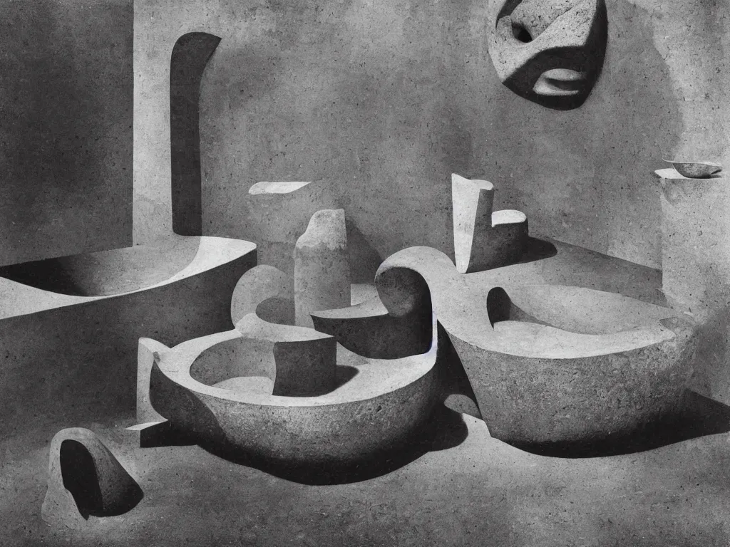 Image similar to brutalist interior with stone bathtub with polynesian mask and lily. karl blossfeldt, henri moore, salvador dali