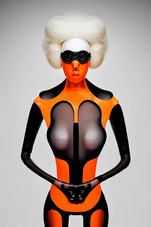 Prompt: symmetrical portrait of a woman wearing an orange embroidered translucent silicone mask and white hair buns, wearing a black bodysuit by alexander mcqueen, white background, soft diffused light, biotechnology, humanoide robot, futuristic aesthetic, translucent, ethereal, intricate details, highly detailed, masterpiece,