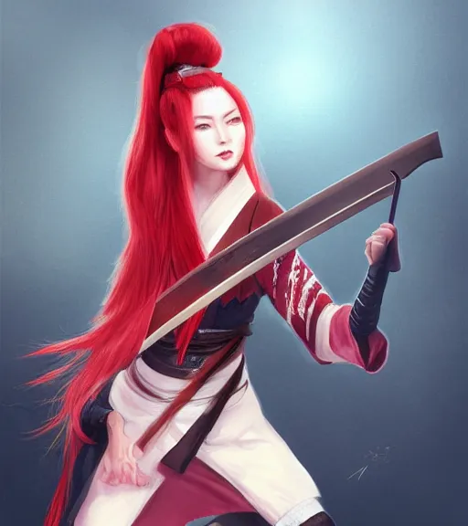 Prompt: a girl with red hair holding a katana, samurai outfit, japanese clothes, ponytail, action shot, highly detailed, digital painting, artstation, concept art, smooth, sharp focus, illustration