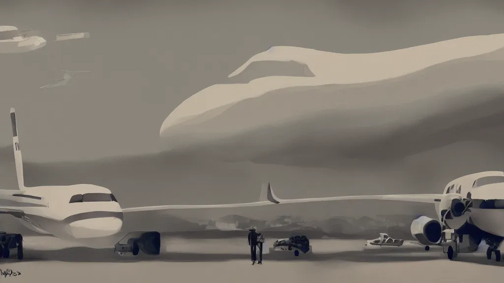 Image similar to A meeting at the airport, in the style of David Lynch, by Wes Anderson, concept art, artstation