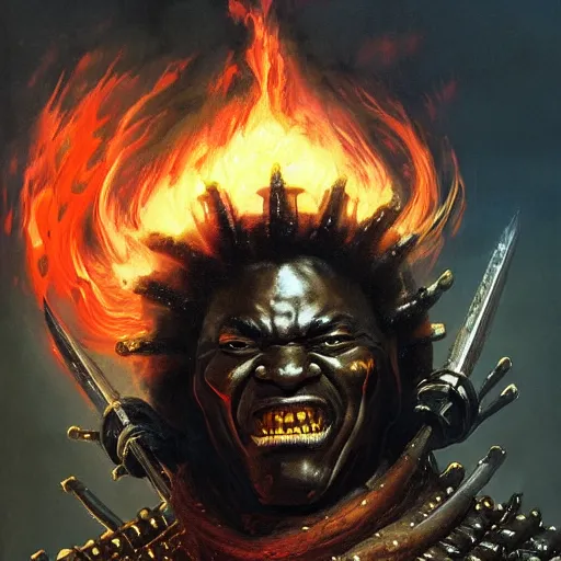 Image similar to head and shoulders portrait of a black samurai fire giant, wreathed in flame, d & d, fantasy, greg rutkowski, frank frazetta, alexandre chaudret, boris vallejo, michael whelan, miro petrov, hr giger, magali villeneuve, donato giancola