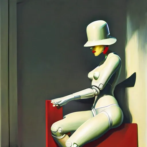 Image similar to a robot woman, edward hopper, hajime sorayama, trending on artstation,