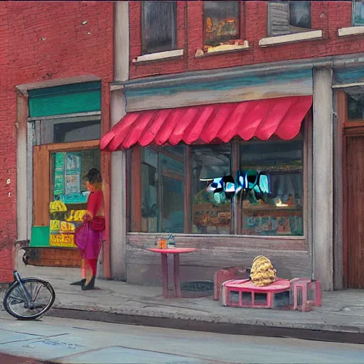 Prompt: a ice cream shop in a alleyway by enzhe zhao