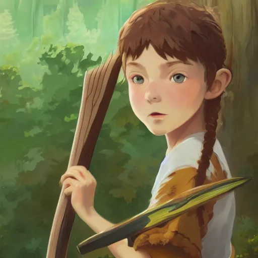 Prompt: portrait of a child with brown pigtails and green eyes, holding an axe, forest background, highly detailed, digital painting, artstation, matte, by makoto shinkai, animation style, studio ghibli, anime key visual