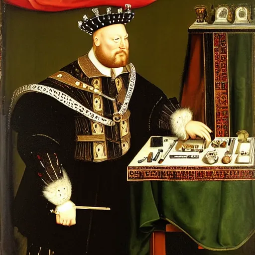Prompt: king henry viii building a computer pc from scratch with a screwdriver and electronics, funny anachronism, wearing a crown and royal robes, 17th century detailed oil painting