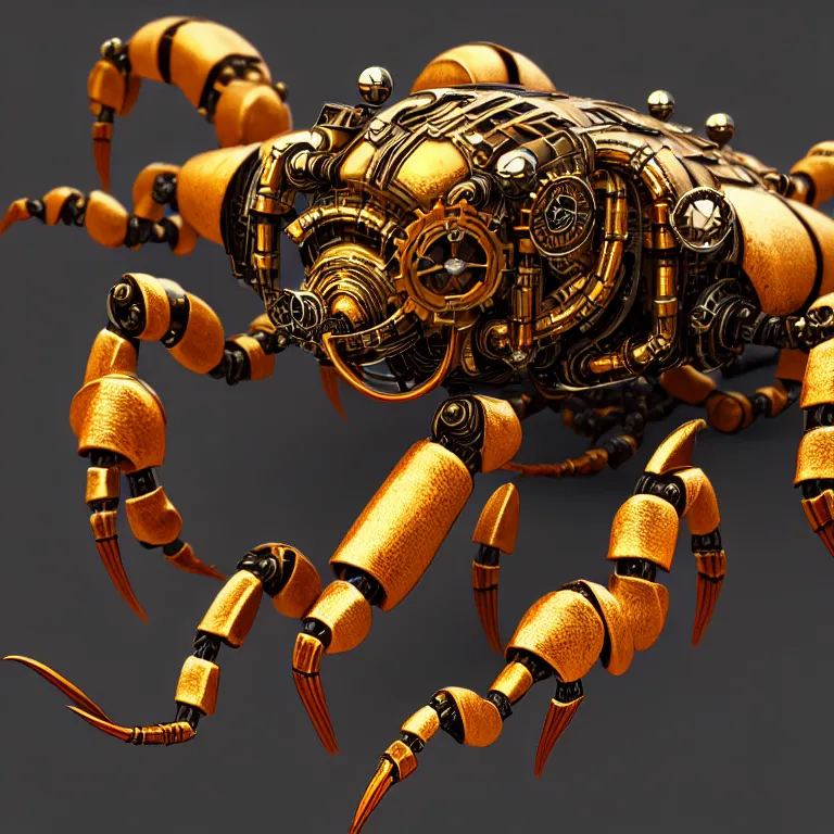 Image similar to steampunk robot scorpion, 3 d model, unreal engine realistic render, 8 k, micro detail, intricate, elegant, highly detailed, centered, digital painting, artstation, smooth, sharp focus, illustration, artgerm, wlop