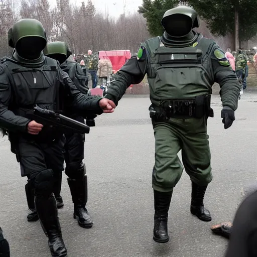 Prompt: a visitor from outer space, being arrested by spetsnaz forces