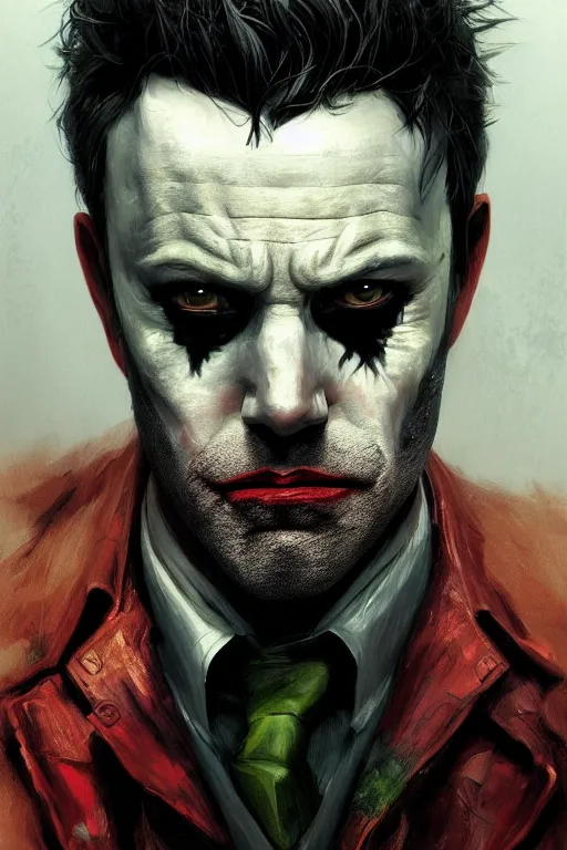 Image similar to Portrait of Ben Affleck as Joker, dc comics, dark, intricate, highly detailed, smooth, artstation, digital illustration by Ruan Jia and Mandy Jurgens and Artgerm and Wayne Barlowe and Greg Rutkowski and Zdislav Beksinski