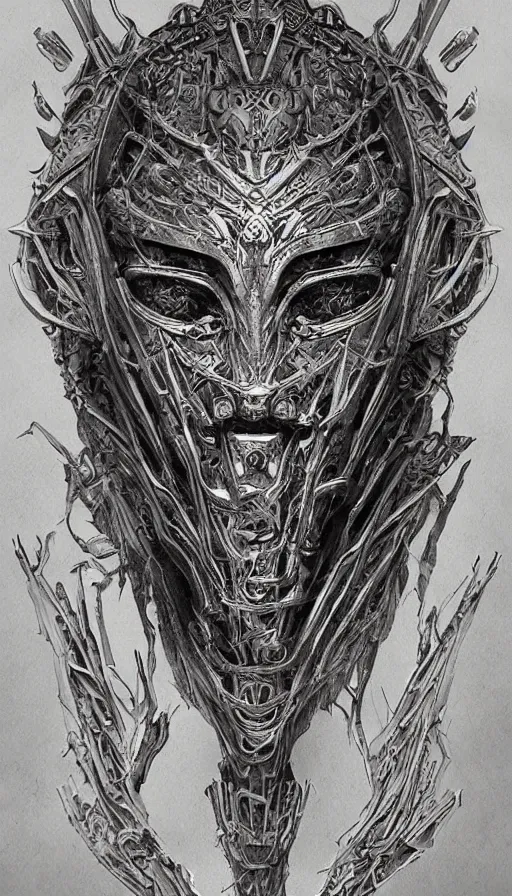 Prompt: ancient biomechanical hybrid slavic thunder god armored head fantasy beautiful human witch face mask tattoo pattern concept, glagolitic glyph, intricate artwork by, Johnatan Wayshak, Zdizslaw Beksinski, Artgerm, H.R. Giger, very coherent artwork, cinematic, hyper realism, high detail, octane render, unreal engine, 8k, High contrast, higly detailed black ink outline, crosshatch sketch gradient