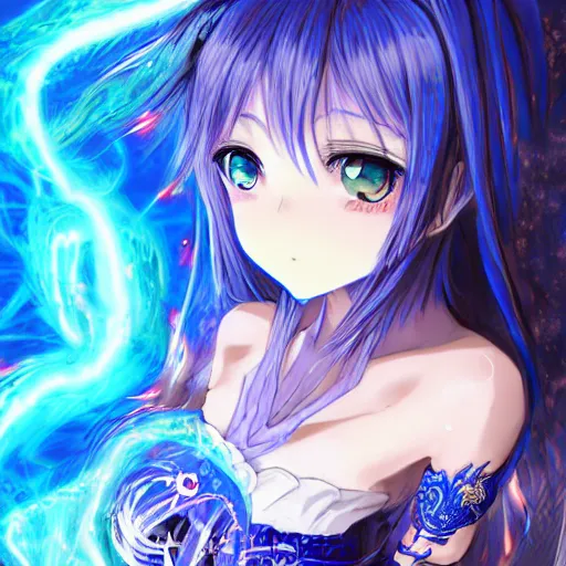 Image similar to a teenage anime girl wearing a very high intricate detailed dress made out of blue fire , full body, very long black/red hair, left eye is yellow and right eye is blue, heterochromatic eyes, intense stare, dress made out of blue fire, cinematic lighting, medium shot, MCU, trending on artstation, CSP, Photoshop, WLOP, Rossdraws, James Jean, Andrei Riabovitchev, Marc Simonetti, Anastasia Ovchinnikova, Véronique Meignaud, BEN MAIER and Sakimichan