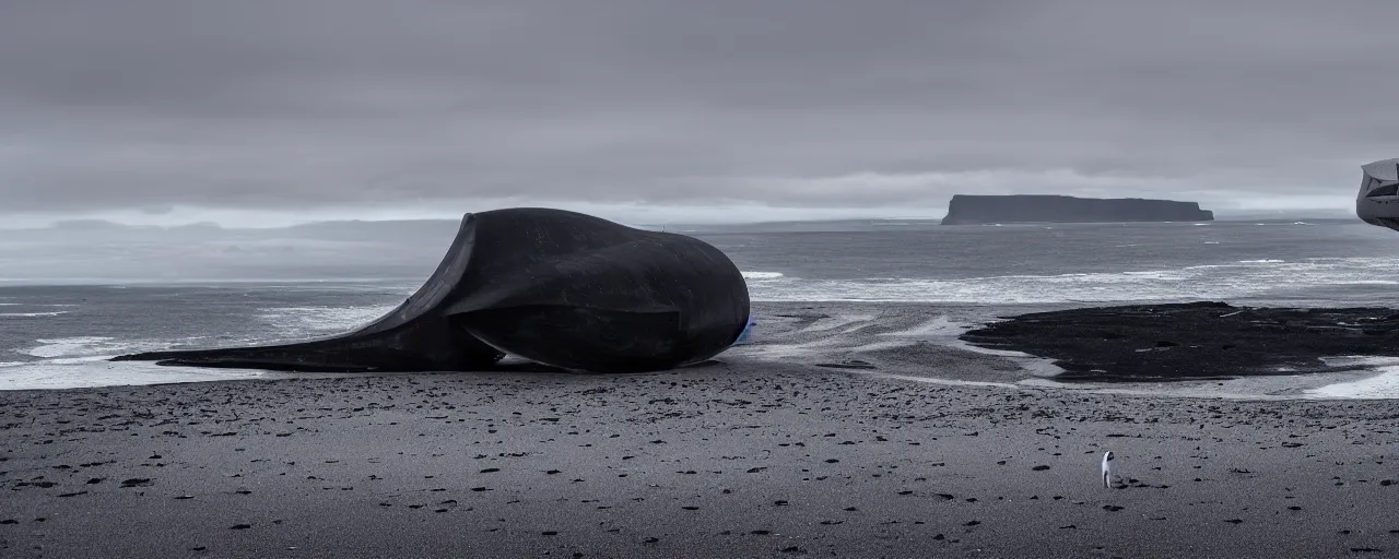 Prompt: cinematic shot of giant symmetrical futuristic military spacecraft in the middle of an endless black sand beach in iceland with icebergs in the distance,, 2 8 mm