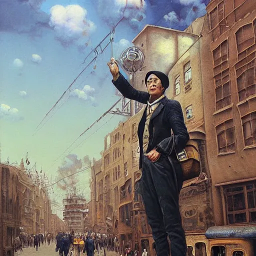 Image similar to a hyperrealistic painting of a steampunk airship pilot standing in the street of a bustling city, blue skies, by john kenn mortensen and zdzislaw beksinski, highly detailed, vivid color,