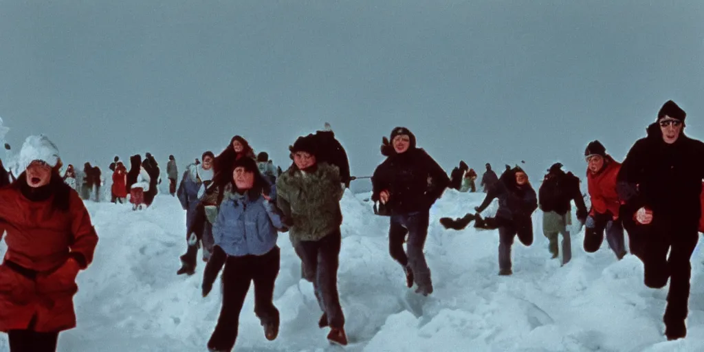 Image similar to filmic wide shot dutch angle movie still 35mm film color photograph of a crowd of people wearing snow clothing running terrified outside in antarctica, blood flying in the air, aurora borealis in the sky, in the style of a 1982 horror film
