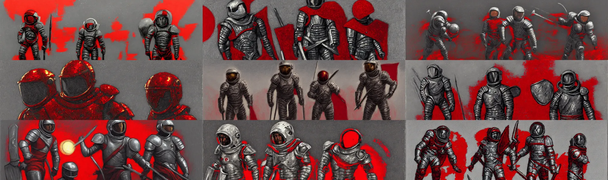 Prompt: astronaut - gladiators!! with lorica segmentum armor and spears, tonalist, luminist, symbolist, figurative art, heraldry, concept art, chiaroscuro, grisaille, palette knife, frenetic, stippling, shadows, luminous, sublime, edge lighting, backlighting, payne's grey and venetian red