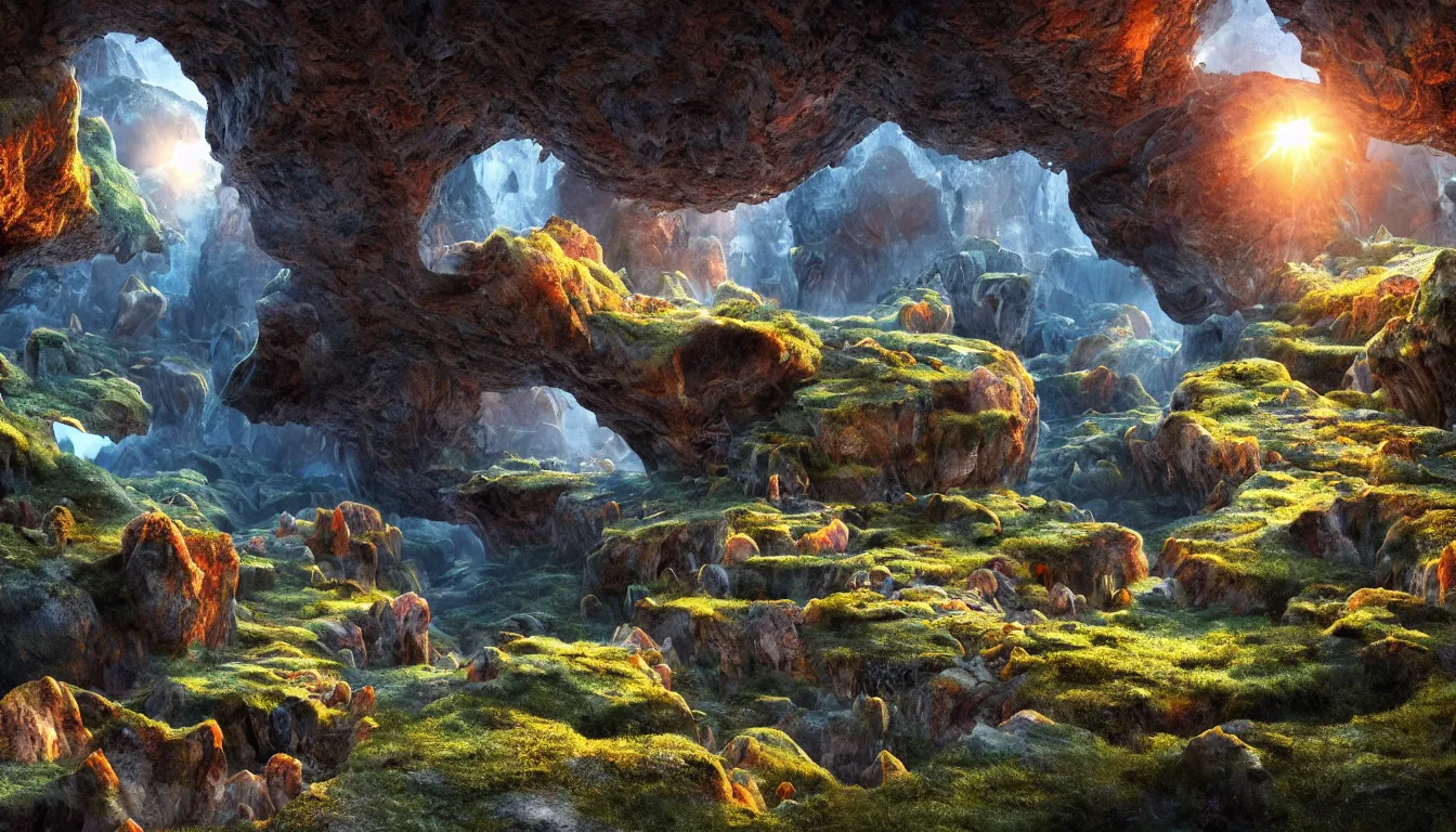 Prompt: expansive caves with growing fungal biodiversity , pools of water reflecting , small city streets emerge in between the rock formations, dramatic dusk sun illuminates areas , volumetric light ,detailed entangled fibres carpet the fallen rocks ,full colour , upscale , 8k