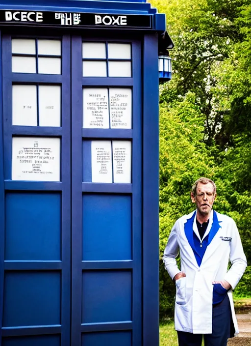 Image similar to dslr photo portrait still of hugh laurie as doctor who in front of the tardis, 8 k, 8 5 mm f 1. 4