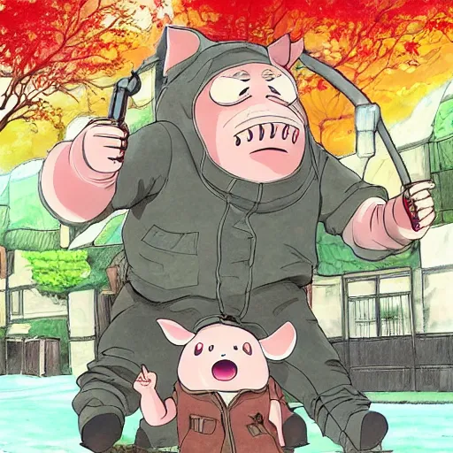 Image similar to Fall of capitalism, pigs with jackets, ghibli studio style, anime style