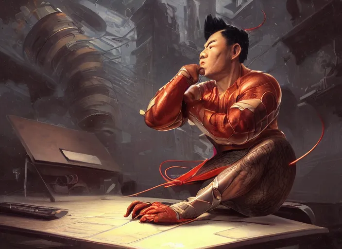 Image similar to an insanely detailed painting of an asian man wearing a homemade superhero costume, sitting at a desk, staring seriously at the computer and typing, in the style of peter mohrbacher, james jean, artgerm, dramatic lighting and composition, surreal background, octane render, pixar, trending on artstation, concept art, comic book, view from behind, 8 k