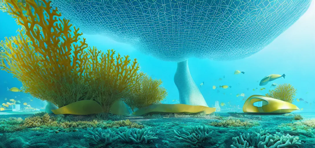 Image similar to solarpunk underwater coral shaped buildings by frank gehry and wlop, dystopian golden buildings by santiago calatrava and zaha hadid, underwater seascape, kelp forest flynn reef, light rays, sharp focus, big bubble waterfalls, colorful coral algaes forest, subsurface scattering, rule of thirds, redshift render