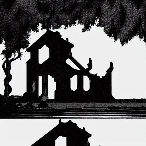 Image similar to a burnt out church, cel shaded, studio ghibli