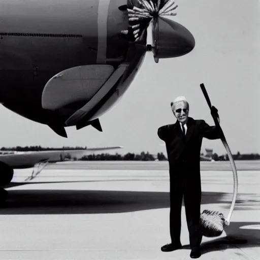 Prompt: « Airline pilot holding a toilet brush vertically on an airport tarmac with a plane in the background »