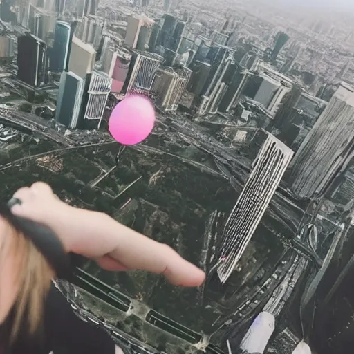 Prompt: streamer lilypichu flying above a city, realistic, scary, ominous.