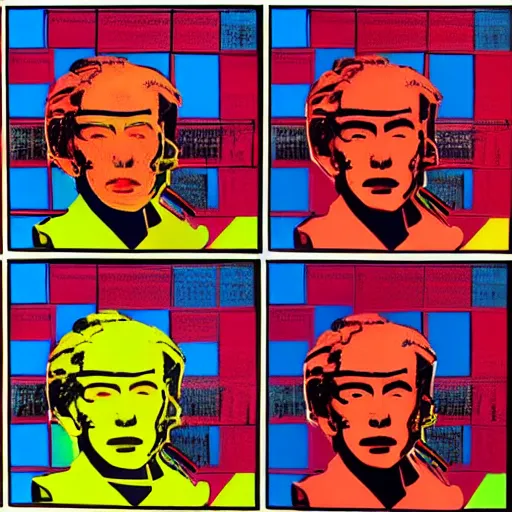 Image similar to old - style cyborg, 6 panels by andy warhol, with highly contrasted colors and an illuminating background