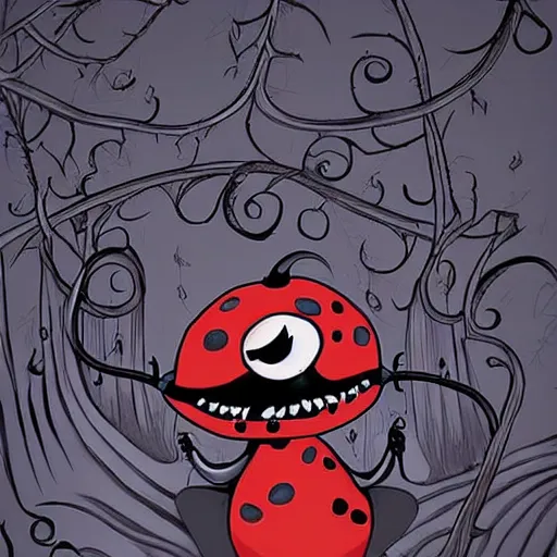 Image similar to ladybug as a monster, visual art style, scary atmosphere, nightmare - like dream