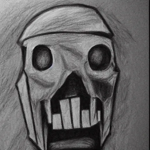 Image similar to minecraft horror evil, black and white charcoal sketch