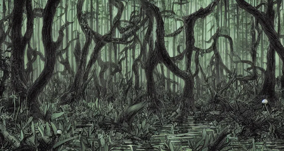 Image similar to A dense and dark enchanted forest with a swamp, from One piece