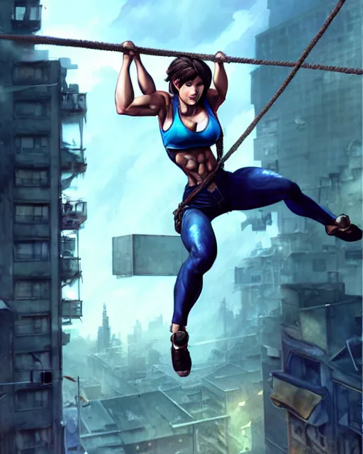 Image similar to gigachad jill valentine bodybuilder swinging from a building with a rope in racoon city, fantasy character portrait, ultra realistic, anime key visual, full body concept art, intricate details, highly detailed by greg rutkowski, ilya kuvshinov, gaston bussiere, craig mullins, simon bisley