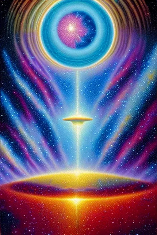 Prompt: a photorealistic detailed image of a beautiful vibrant iridescent future for human evolution, spiritual, scientific, divinity, utopian, telepathic, architect, intelligent design, by david a. hardy, kinkade, lisa frank, wpa, public works mural, socialist