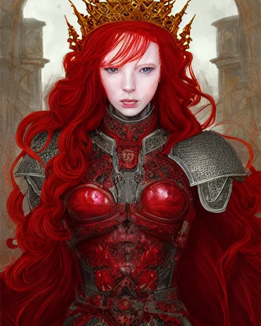 Prompt: redhead queen knight in heavy red armor, inside grand hall in castle with rococo aesthetic, crown of roses, scarred face, elden ring, intimidating, high fantasy, intricate detail, digital painting, artstation, concept art, smooth, sharp focus, illustration, art by yoshitaka amano and monia merlo and wlop and artgerm