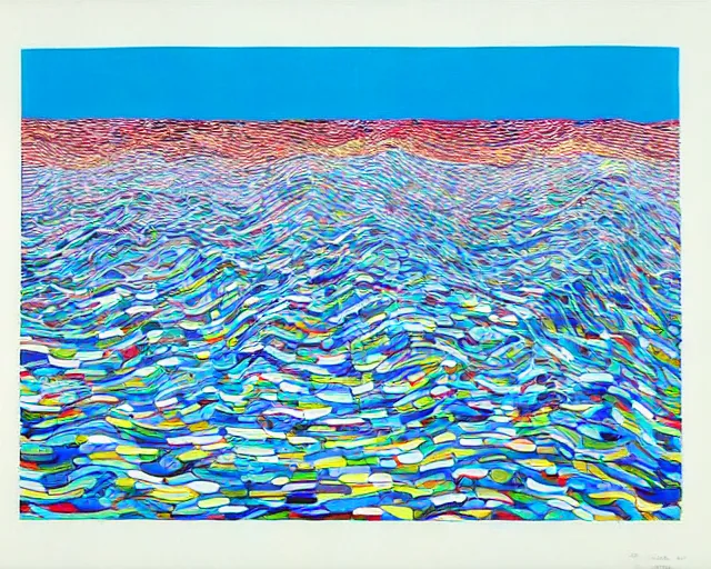 Image similar to Ocean waves in a psychedelic dream world. David Hockney. Takashi Murakami. Minimalist.