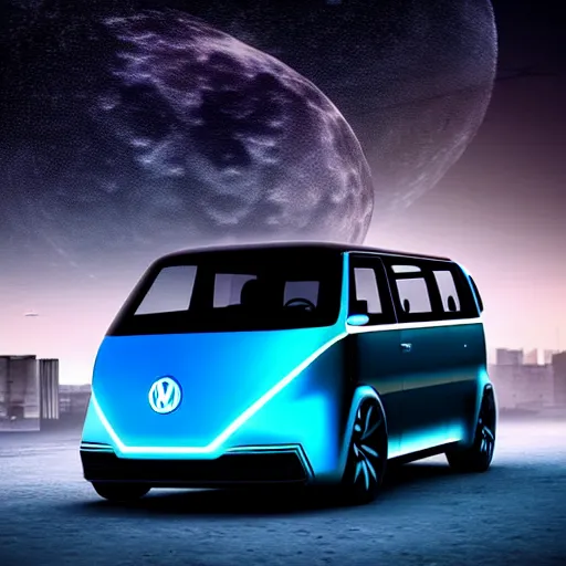 Prompt: Futuristic VW W16 in a Russian cyberpunk slum city called Neo Norilsk on the Moon, at night, diverse, lively, black sky full of stars, blinding sun, sci-fi, lots of flying cars, levitation, cyberpunk outfits, photorealistic, grainy, 35mm, intricate, very very beautiful, elegant, smooth, cinematic, Unreal Engine 5, by Beeple, trending on Artstation HD