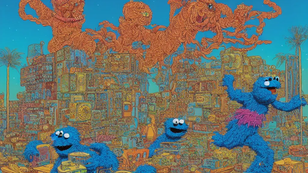 Image similar to highly detailed illustration of cookie monster in the 1 9 7 0 s, by moebius, by oliver vernon, by joseph moncada, by damon soule, by manabu ikeda, by kyle hotz, by dan mumford, by otomo, 4 k resolution