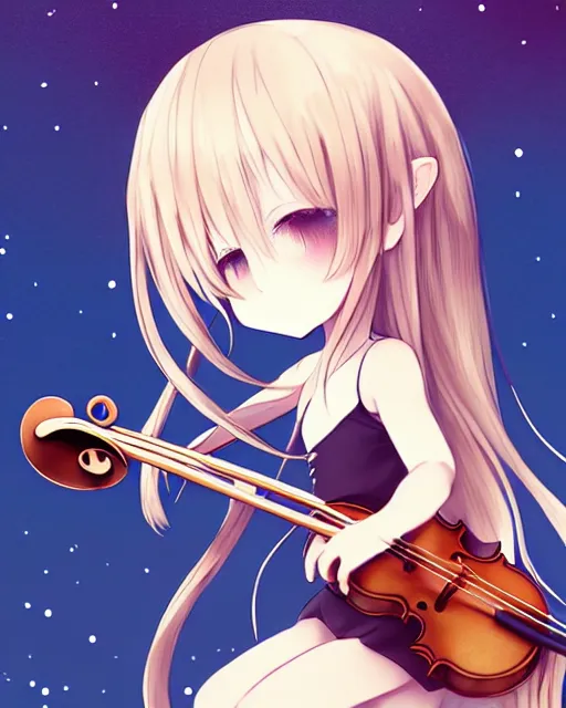 Prompt: chibi, cute, melancholy, full body, cat girl with white skin and golden long wavy hair holding a violin and playing a song, stunning art style, filters applied, lunar time, night sky, trending art, sharp focus, centered, landscape shot, fate zero, simple background, studio ghibly makoto shinkai yuji yamaguchi, by wlop