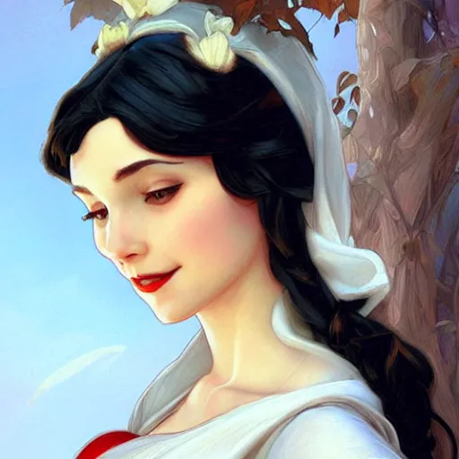 Image similar to portrait of snow white from disney, girl, disney, highly detailed, digital painting, artstation, concept art, smooth, sharp focus, illustration, art by artgerm and greg rutkowski and alphonse mucha