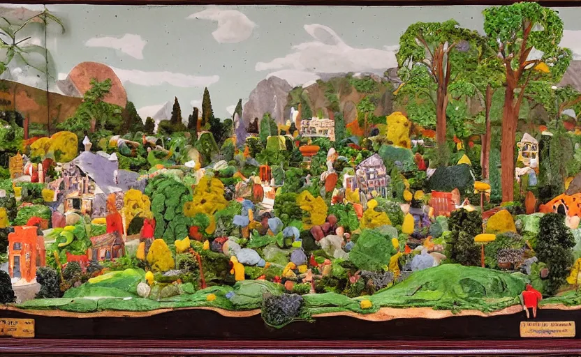 Prompt: a landscape painting, claymation, henri berthaut, art - deco, miner kilbourne kellogg, gardens, collage