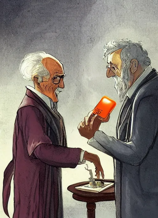 Image similar to a kind old British scientist is teaching his protégée about alchemy and magic from a mysterious orange book. The book has a glowing vial 🧪 on the cover.