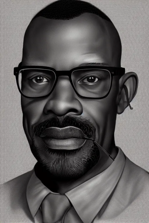 Prompt: Earl, a fit 40-something african-american database administrator with low fade haircut and slight condescending smirk, neatly trimmed and closely cropped black and grey beard, wearing square wire frame glasses, cinematic portrait, digital illustration, octane render trending on arstation by artgerm, raphaelite and alphonse mucha