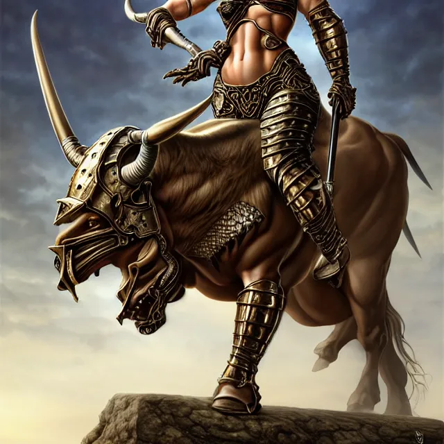 Image similar to armoured minotaur warrior artgerm anne stokes highly detailed 8 k hdr smooth sharp focus high resolution award - winning photo photorealistic